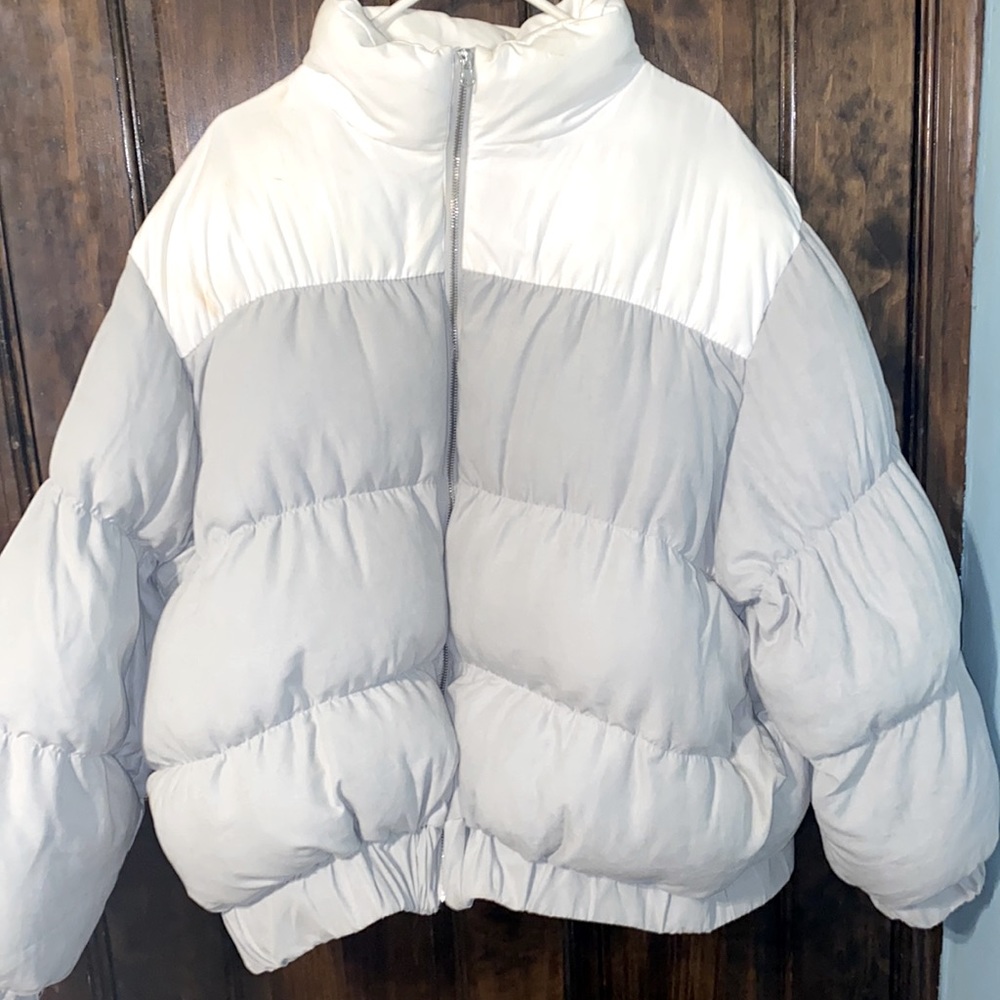White and gray puffy jacket from Missguided